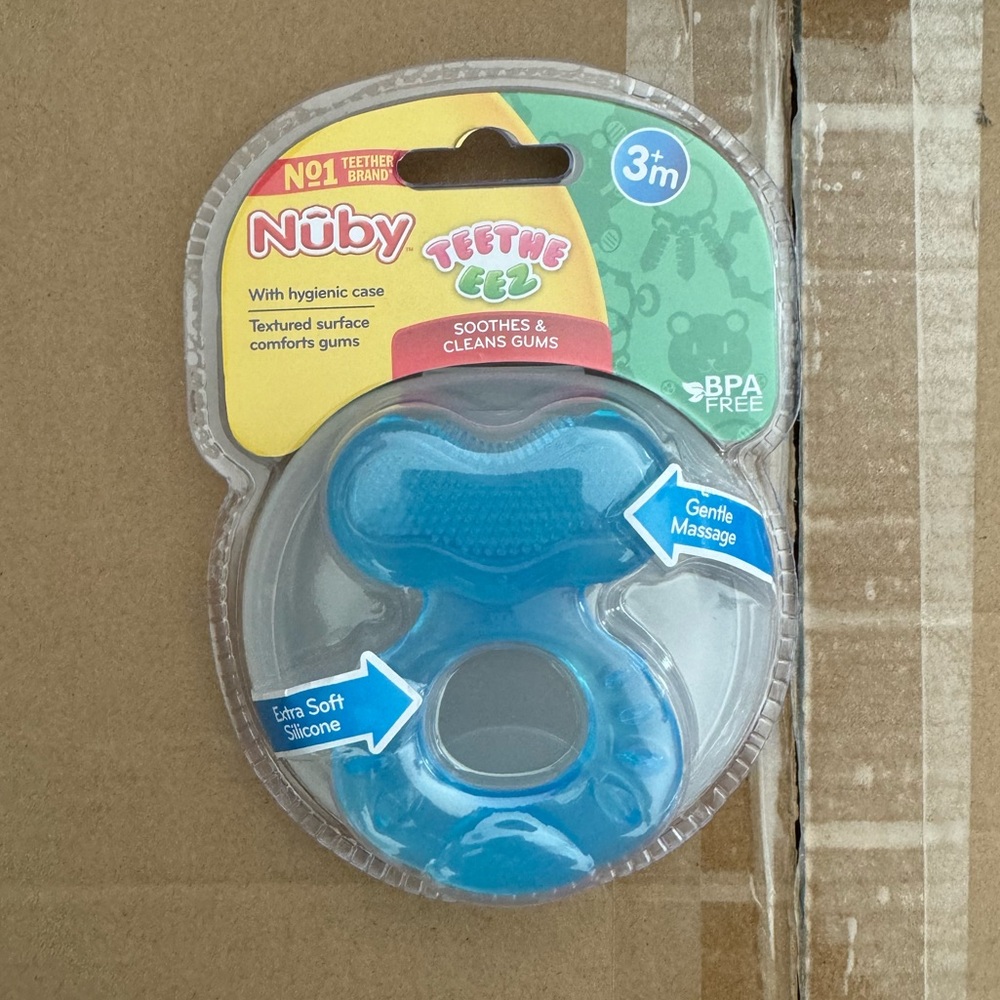 3 Nuby Silicone Teethe-EEZ Teether with Bristles, Includes Hygienic Case, Blue